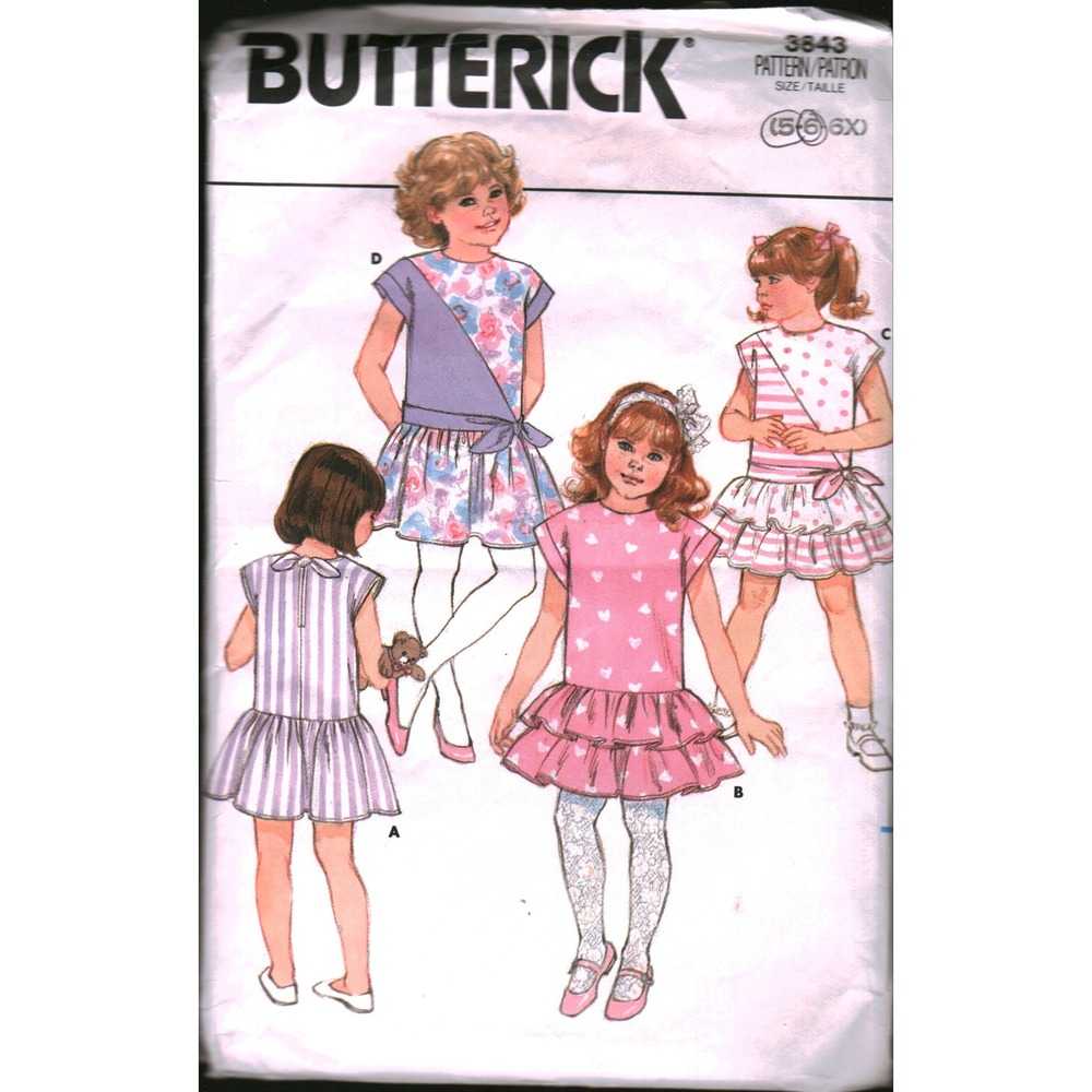Butterick 3843 Vintage 1986 Girls Dress Sewing Pattern Sz 5 6 Drop Waist Tiered